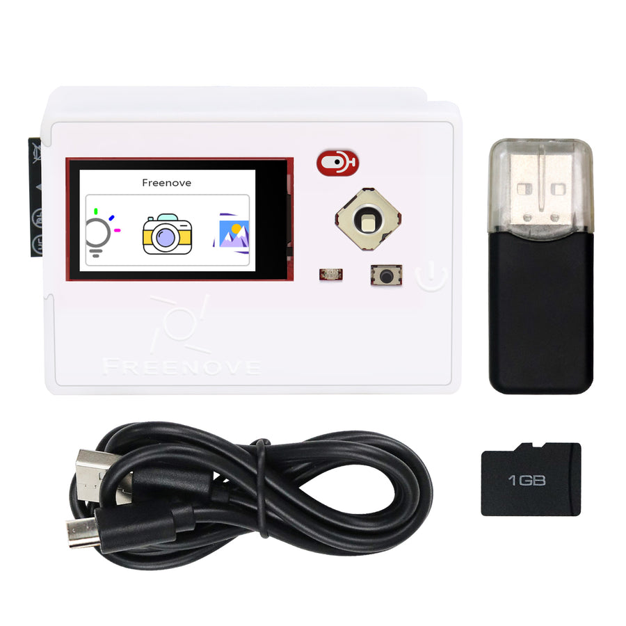 The assembled white Freenove Media Kit beside its USB cable, microSD card and USB card reader.